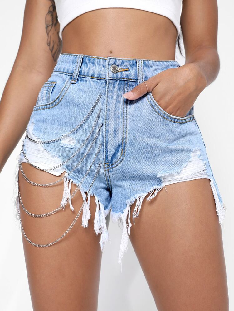 Ripped Raw Cut Chain Detail Denim Shorts | SHEIN