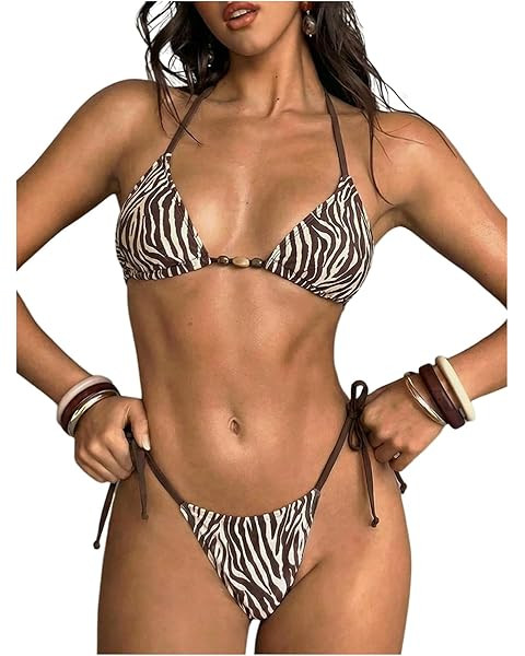 GORGLITTER Women's Zebra Bikini Set Sexy Beaded Halter Triangle Top High Cut Thong Cheeky Beach S... | Amazon (US)