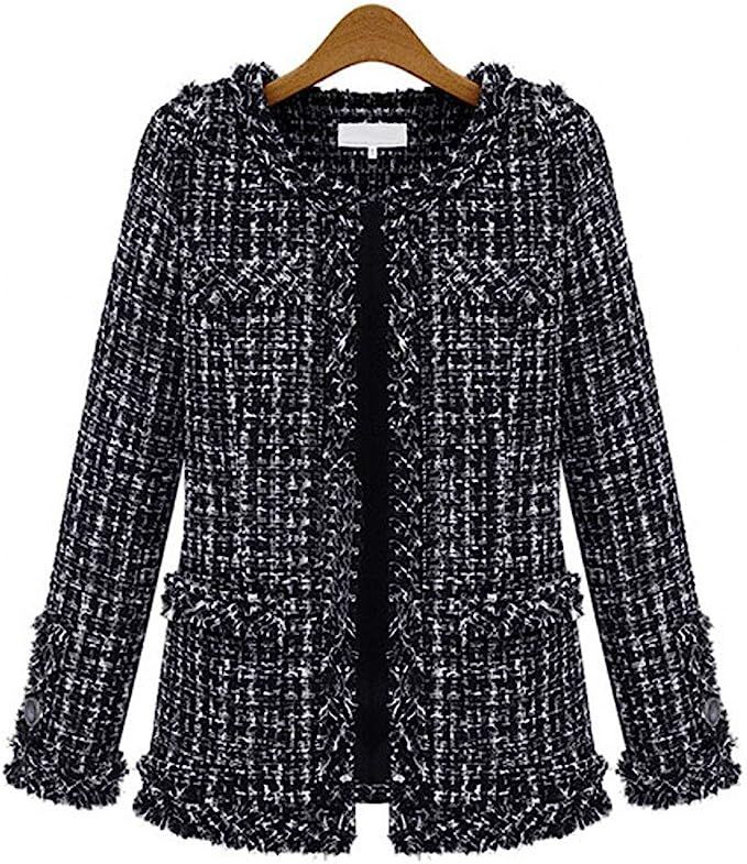 ebossy Women's Elegant Open Front Round Neck Fringed Plaid Tweed Jacket | Amazon (US)