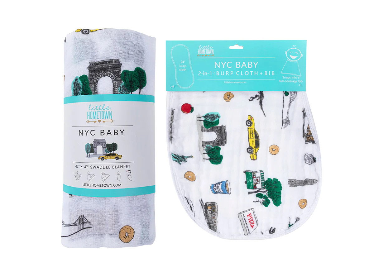 Gift Set: New York City Baby Muslin Swaddle Blanket and Burp Cloth/Bib Combo | Little Hometown