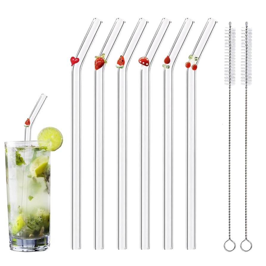 Reusable Glass Straws - 8" x 8 MM, Set of 6, Clear Glass Drinking Straws for Beverages (Red, Norm... | Amazon (US)