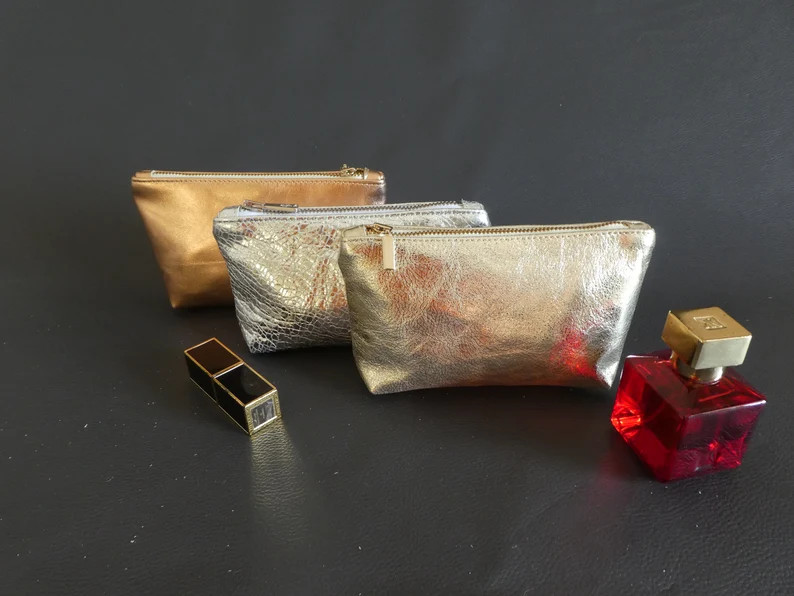 Metallic Genuine Leather Small Cosmetic Bag for Women, Leather Cosmetic Pouch for Her, Mini Trave... | Etsy (US)