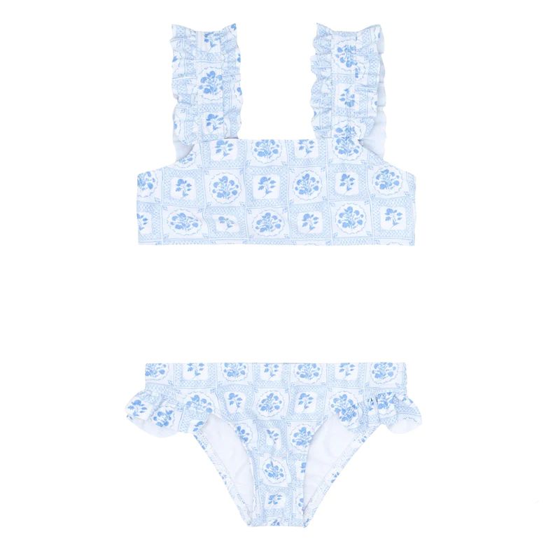 girls mosaic blue floral ruffle strap bikini | minnow