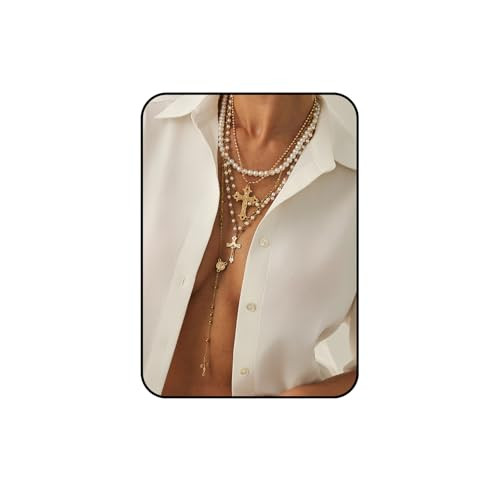Silver Layered Cross Necklace Set For Women, 4Pcs Pearl Rosary Choker Chunky Christian Pendant Vintage Long Y Gold Necklace Stack Religious Statement Boho Gothic Adjustable Jewelry Gift (Gold Set-4Pcs) | Amazon (US)
