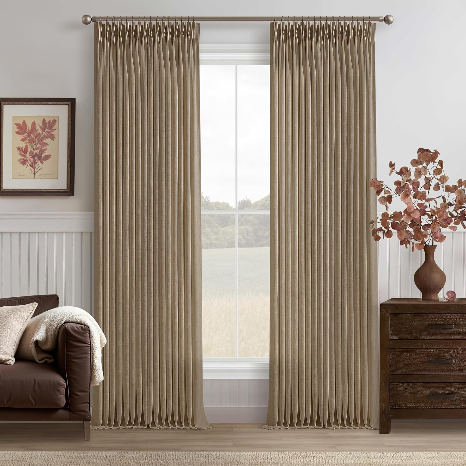 96 Inches Pleated Linen Tan Latte Memory Train Semi Sheer Curtains 2 Panels | Amazon (US)