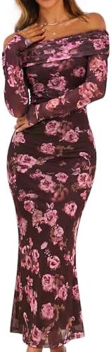 MEROKEETY Womens Fall Off Shoulder Floral Bodycon Wedding Guest Maxi Dress | Amazon (US)