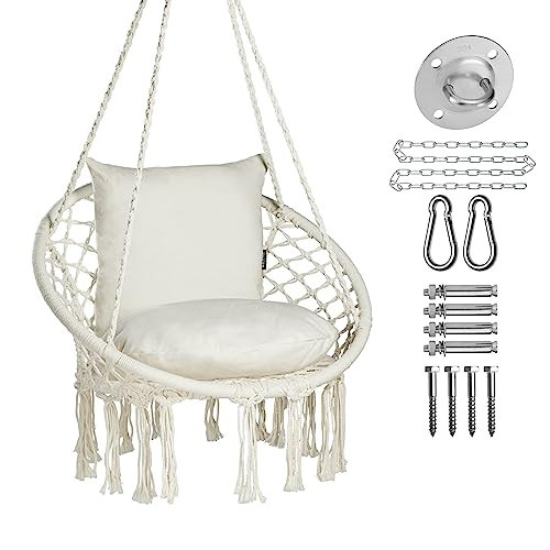 JoyView Macrame Hammock Chair Hanging Swing Chair Max 330 Lbs with 2 Cushions and Hardware Kits for Indoor Outdoor Bedroom Patio Garden - Beige | Amazon (US)