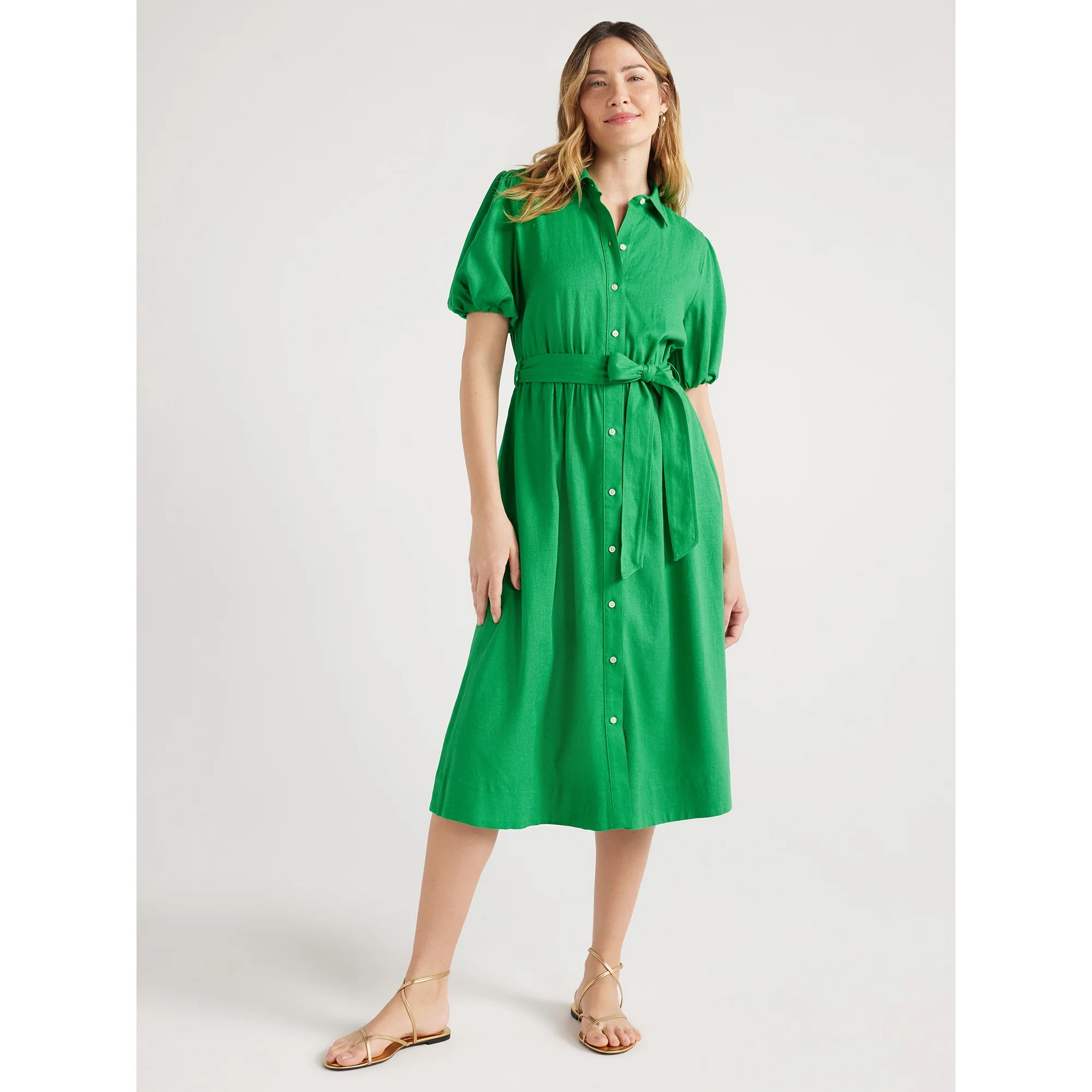 Free Assembly Women’s Midi Shirtdress with Puff Sleeves, Sizes XS-XXL | Walmart (US)