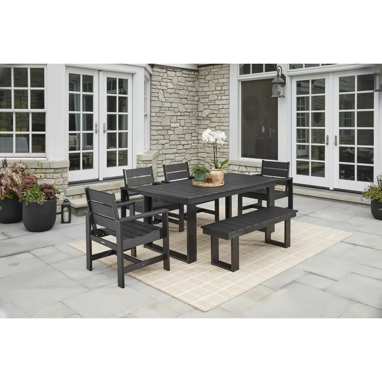 Better Homes & Gardens Ezra 6-Piece Outdoor HDPE Dining Set with Bench, Black | Walmart (US)