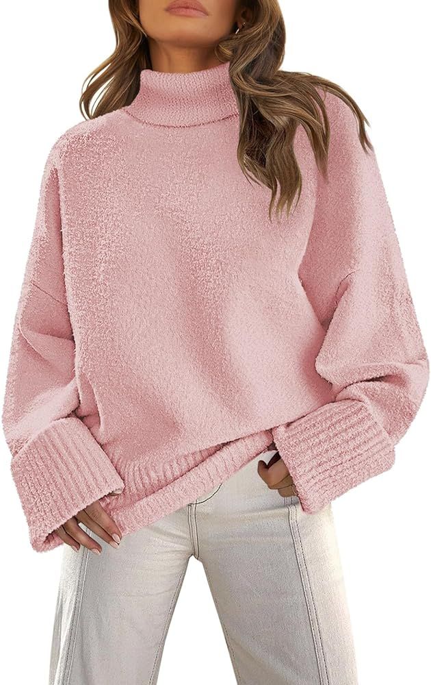 MEROKEETY Women's Turtleneck Fuzzy Knit Pullover Sweaters Long Sleeve Oversized Casual Jumper Top... | Amazon (US)