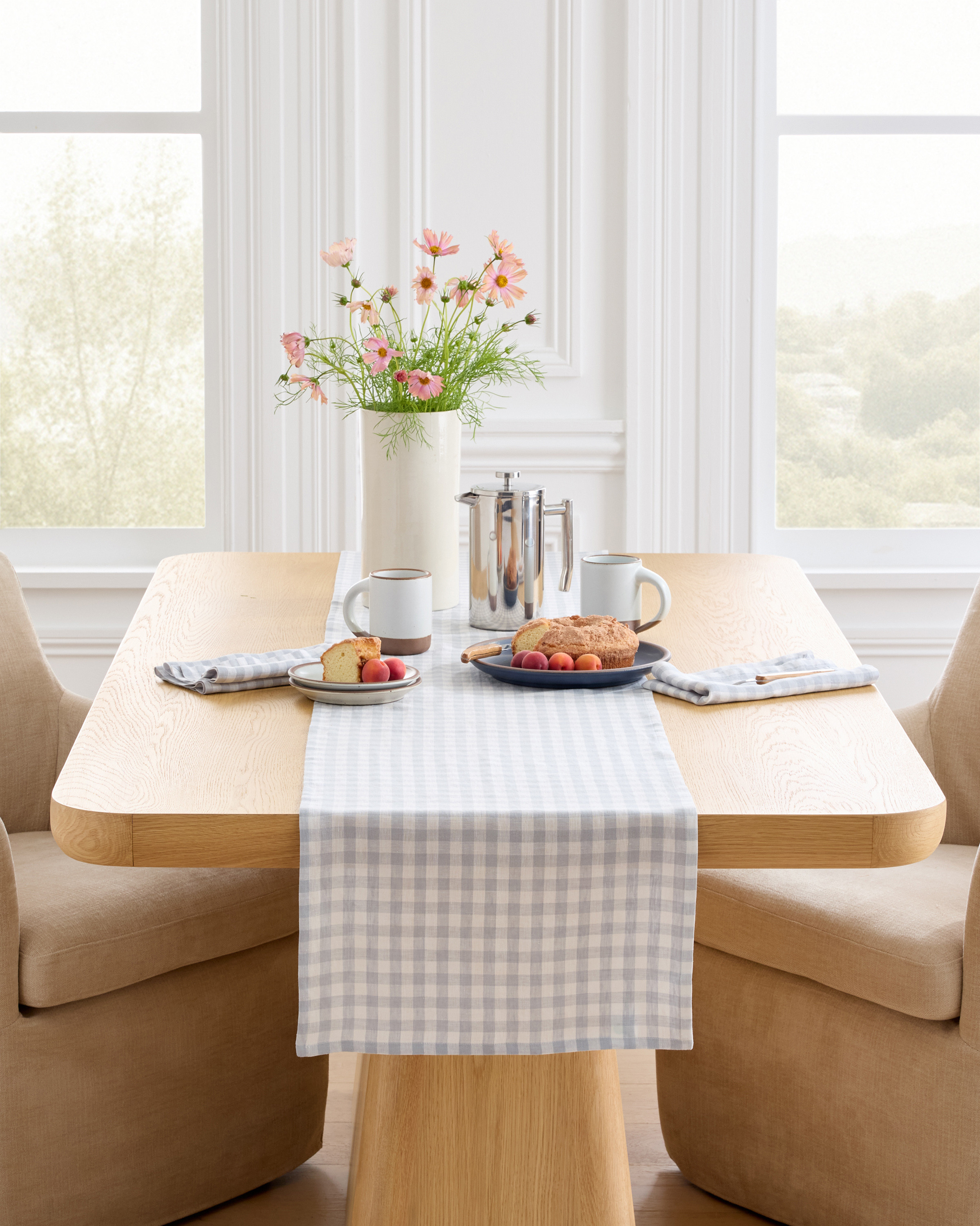 Quince | European Linen Gingham Table Runner in Blue Fog, Size 16x108 | Quince