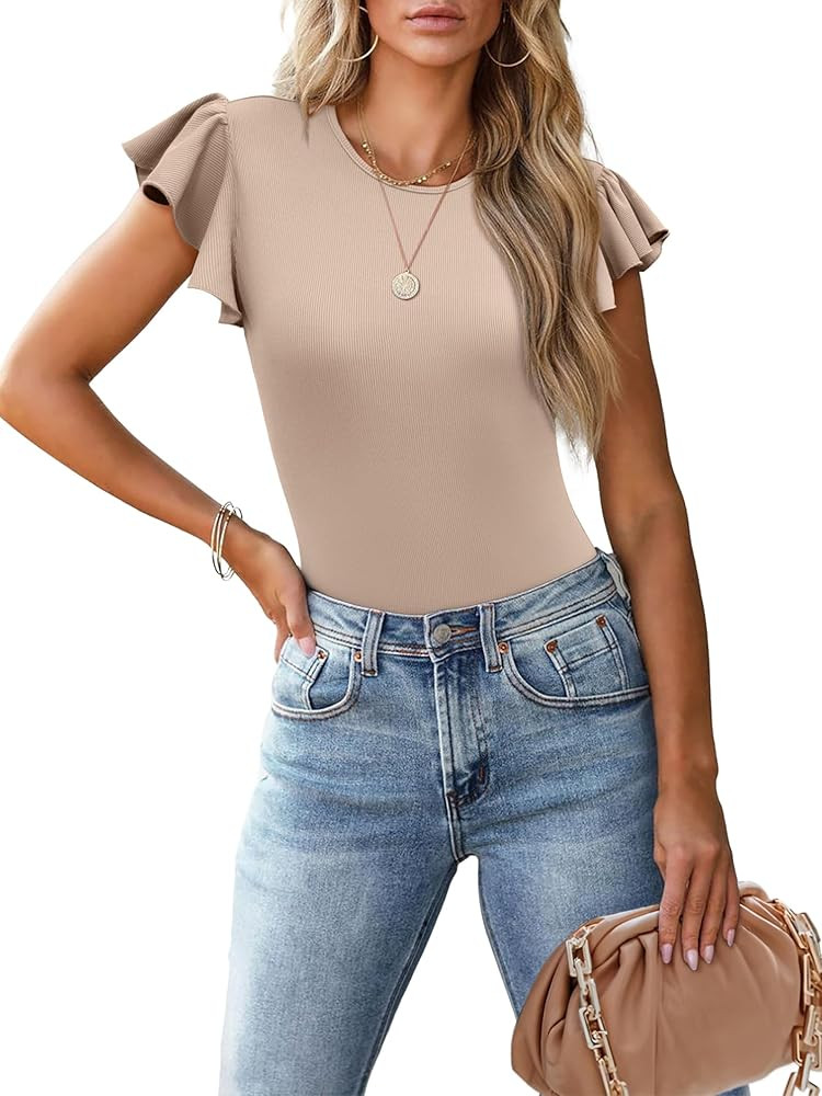 Women's Ruffle Short Sleeve Summer Tops Casual Slim Fit Ribbed Knit Tank Blouses 2025 Trendy Goin... | Amazon (US)