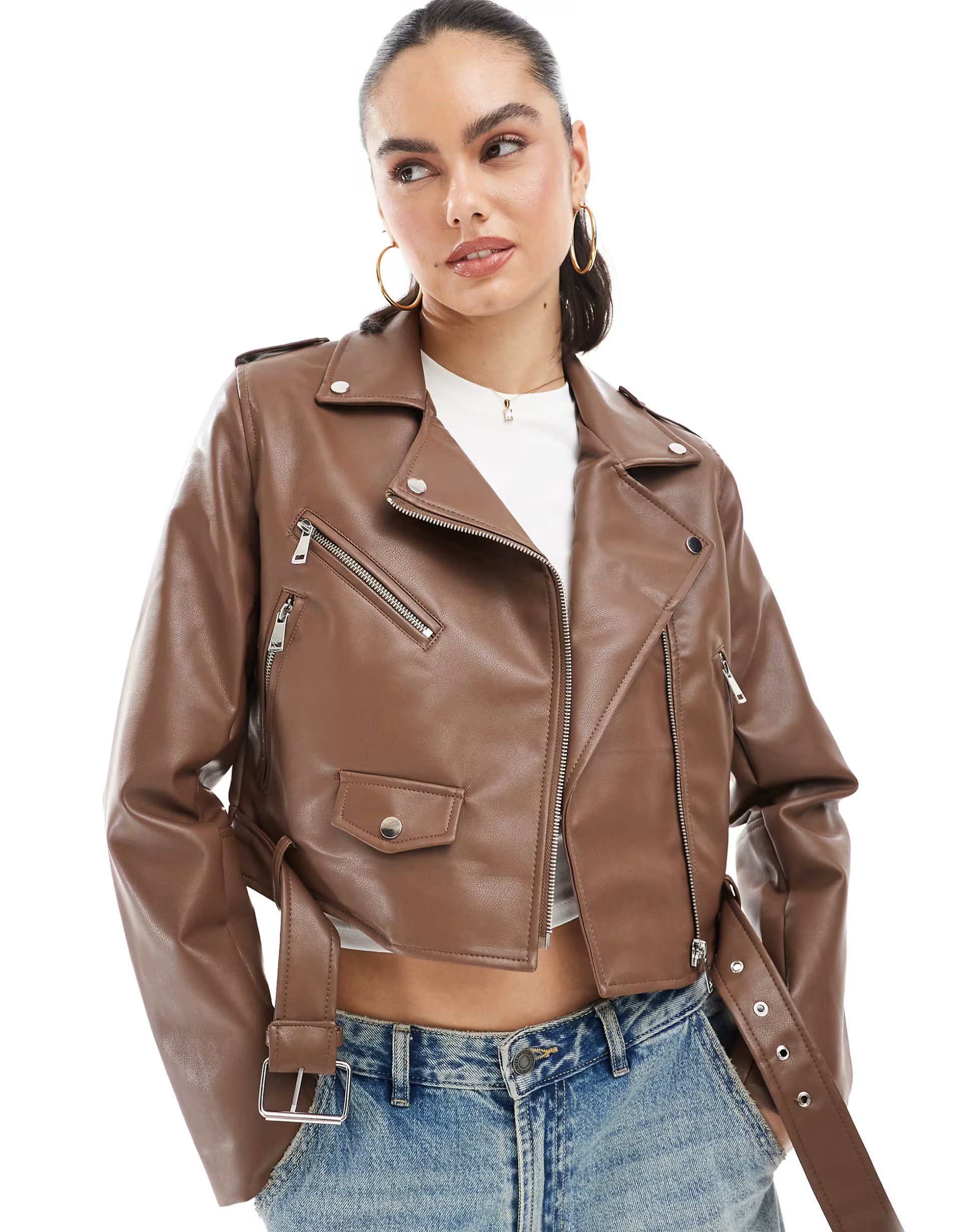 Stradivarius cropped faux leather jacket in brown | ASOS | ASOS (Global)