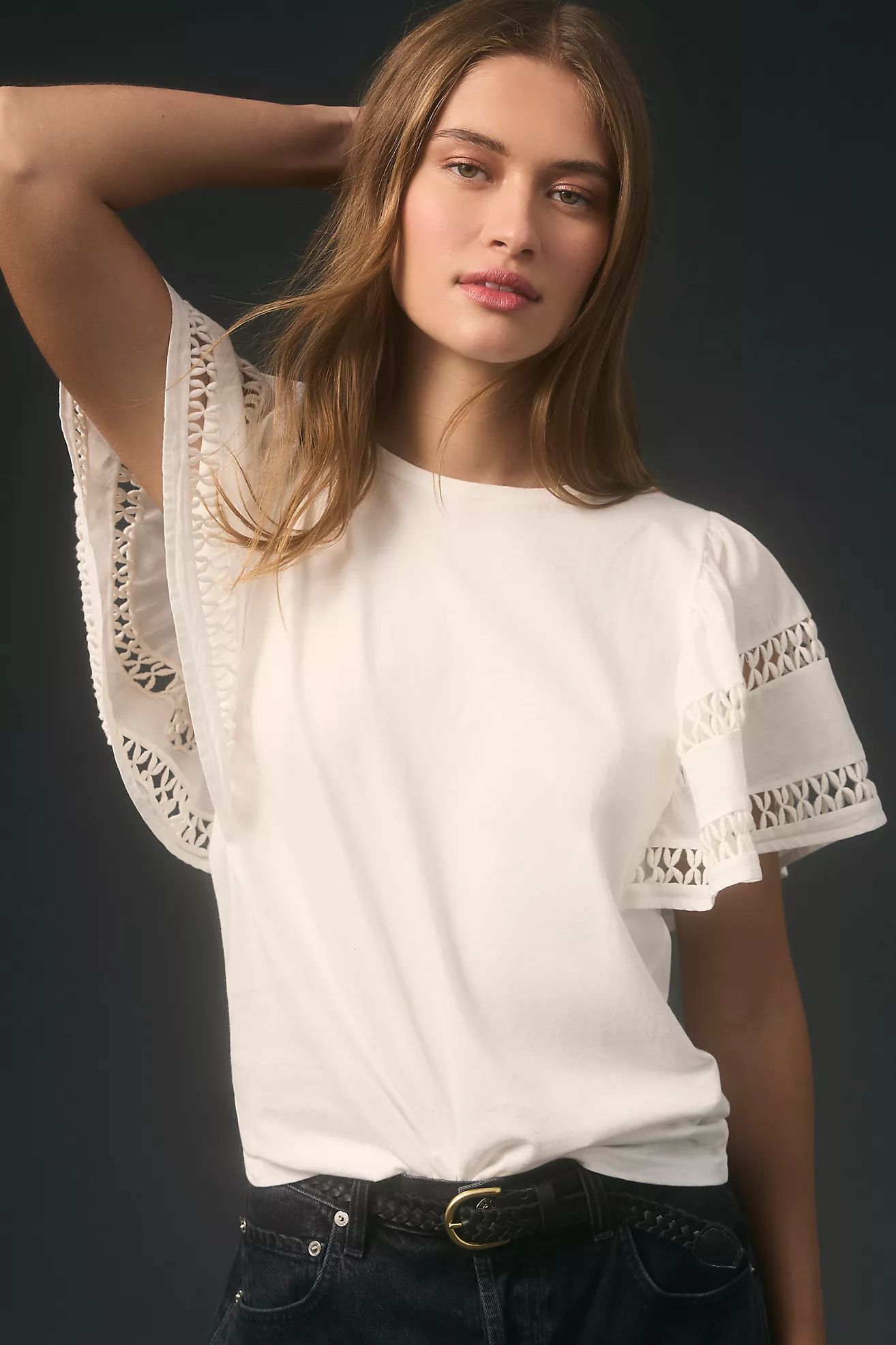 Self Contrast Flutter-Sleeve Cutwork Top | Anthropologie (US)