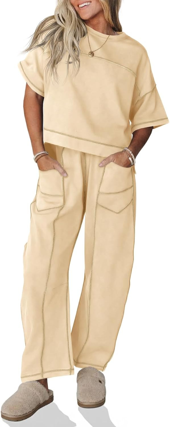 Fisoew Womens 2 Piece Outfits Lounge Sets Short Sleeve Tops and Wide Leg Pants Travel Vacation Casual Matching Sets | Amazon (US)