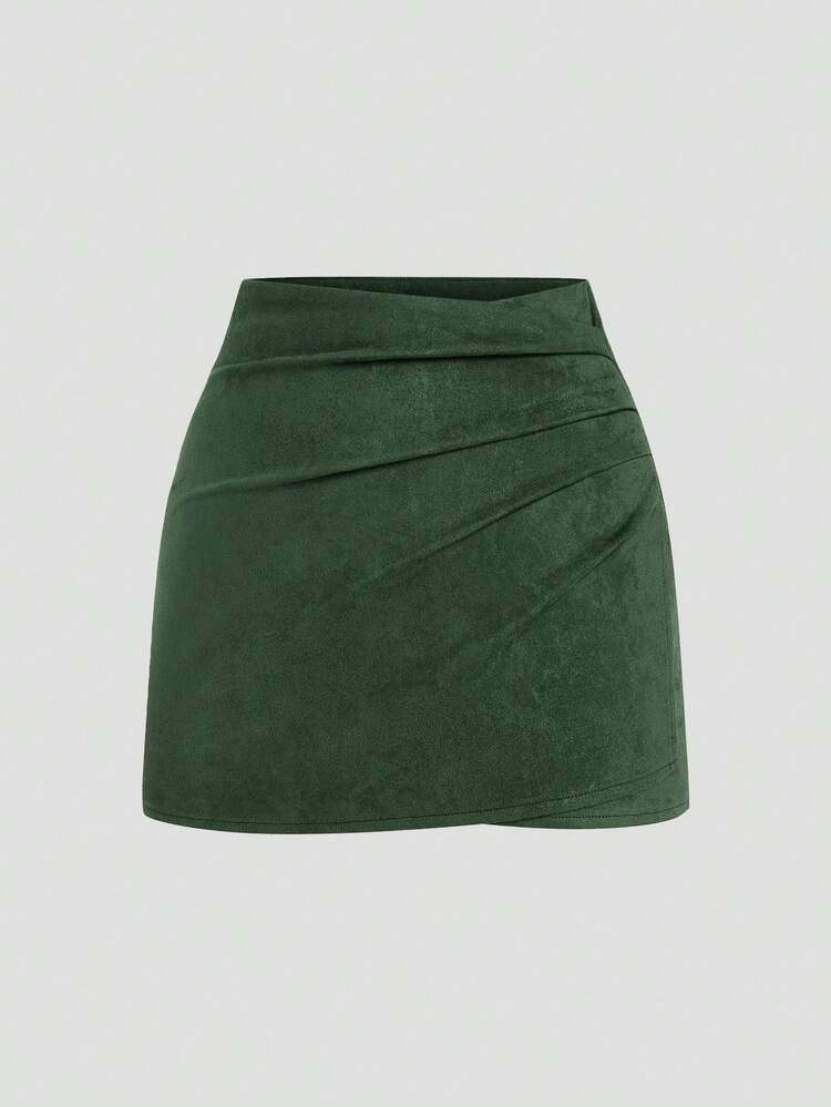 Sweetra Plus Size Pleated Asymmetric Zipper Decor Faux Suede Short Skirt, Minimalist Commuter Sty... | SHEIN