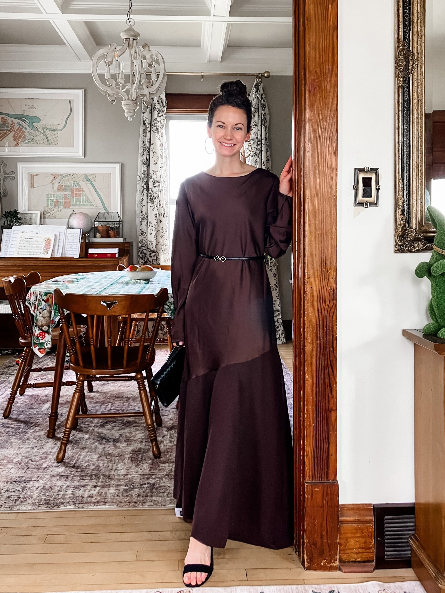 A beautiful wedding guest dress!
Brown satin maxi dress from Chicwish. 
Tortoise shell and gold large hoop earrings from Uncommon James. 
Black woven handbag from Chicwish. 
Black belt from Chicwish. 
Black suede block heel sandals from Steve Madden. 
Wedding guest dress. Summer wedding. Modest dress. Neutral outfit. Feminine outfit. Elegant outfit. 

#LTKWedding #LTKSeasonal #LTKOver40