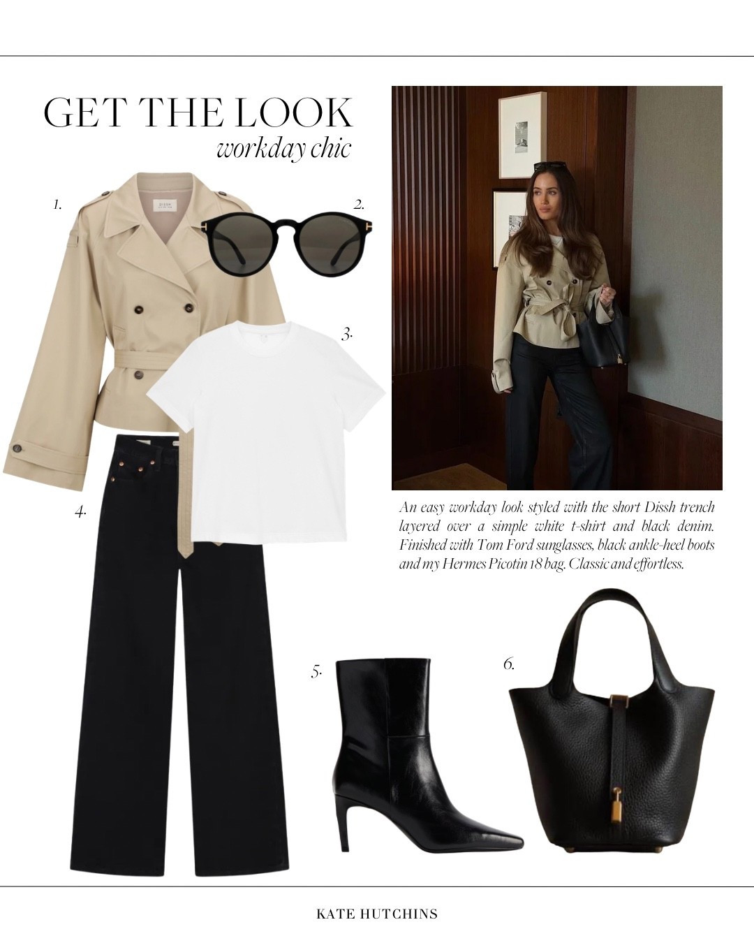 An easy workday look styled with the short Dissh trench layered over a simple white t-shirt and black denim. Finished with Tom Ford sunglasses, black ankle-heel boots and my Hermes Picotin 18 bag. Classic and effortless.

#LTKuk #LTKFashionMonth #LTKspring