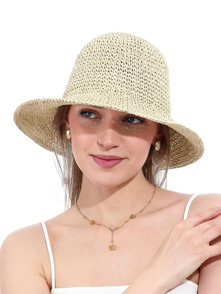 Womens Straw Sun Hat Wide Brim Hand Woven Foldable Beach Bucket Hat for Summer Travel UV Protecti... | Amazon (US)