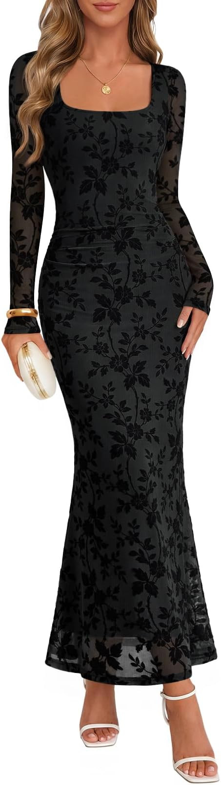MEROKEETY Womens Fall Wedding Guest Long Sleeve Floral Mesh Maxi Dress 2026 | Formal, Square Neck... | Amazon (US)