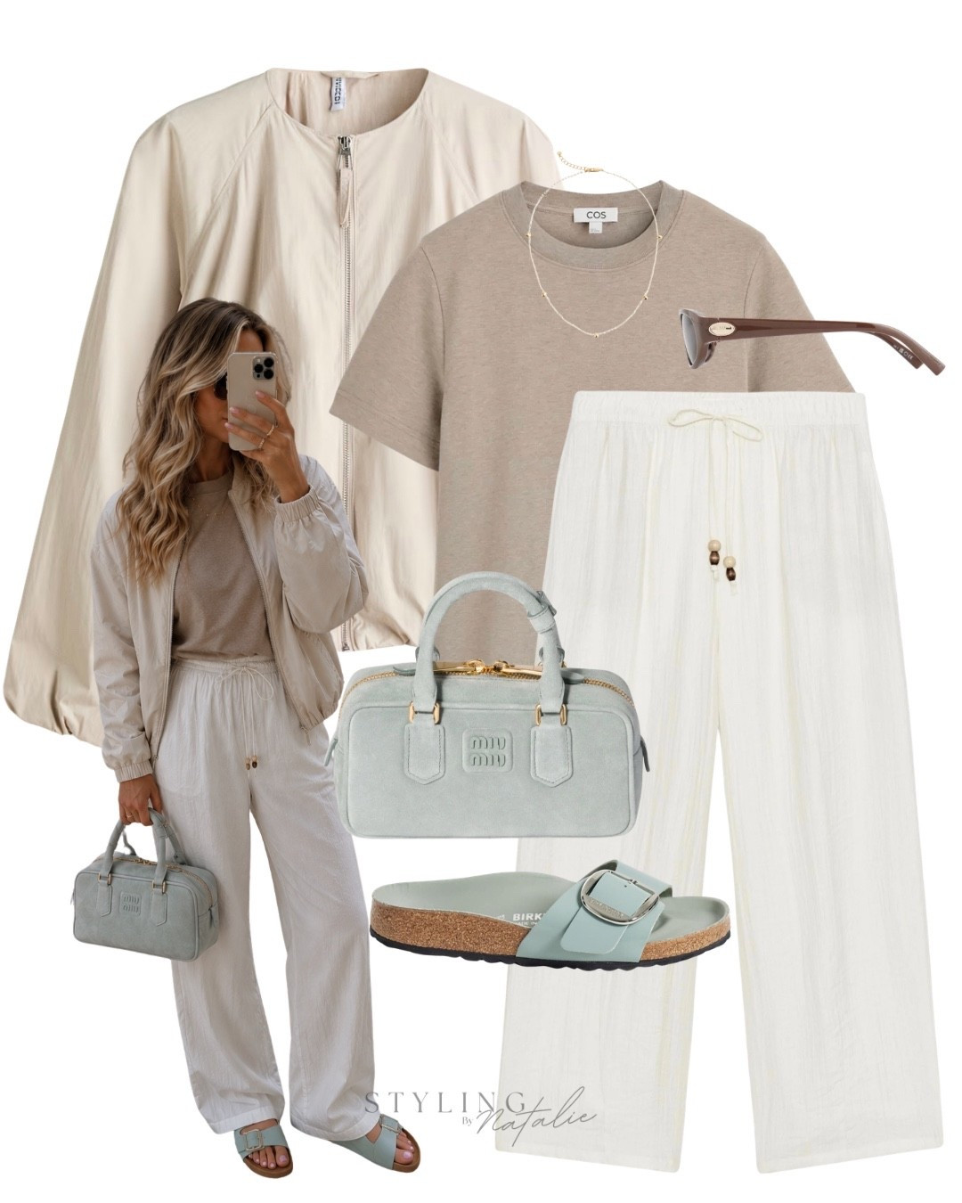 Soft neutral spring/summer outfit combo- everything linked!✨ 
Bubble hem bomber jacket, drawstring trousers, t-shirt, suede Miu Miu bag, Birkenstock sandals, COS, Zara, ASOS, casual chich, spring layers, light jacket.

#LTKspring #LTKsummer #LTKeurope