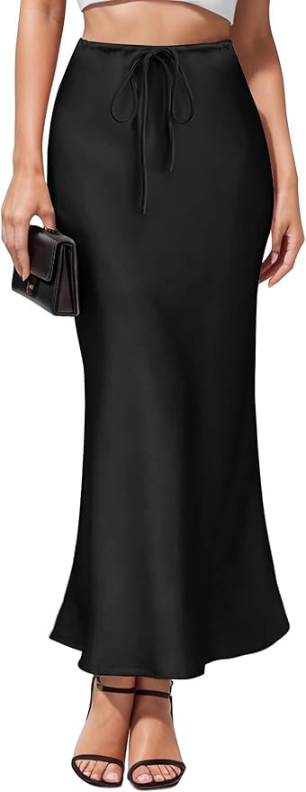 Women's Satin Maxi Skirts Drawstring High Waist Silk Elegant Flowy Casual A-Line Long Skirt for W... | Amazon (US)
