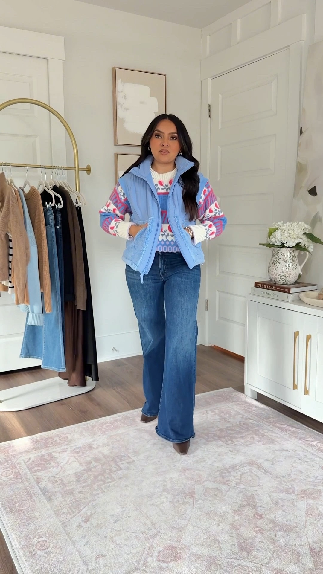 Blue vest size xxs TTS
Floral sweater size xxs TTS 
Heirloom wash flare jeans size 26 petite - the petite length is labeled as Lil. TTS. 29” inseam
Dark brown leather boots size 5.5 TTS


#LTKFindsUnder100 #LTKPetite #LTKFindsUnder50