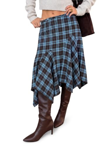 Yousify Women's Plaid Midi Skirts Y2k Low Waist Asymmetrical Flowy Skirt | Amazon (US)