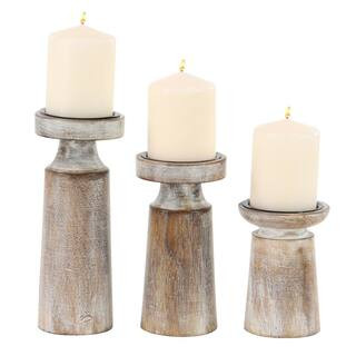 Litton Lane Brown Wood Coastal Candle Holder (Set of 3) 30975 - The Home Depot | The Home Depot