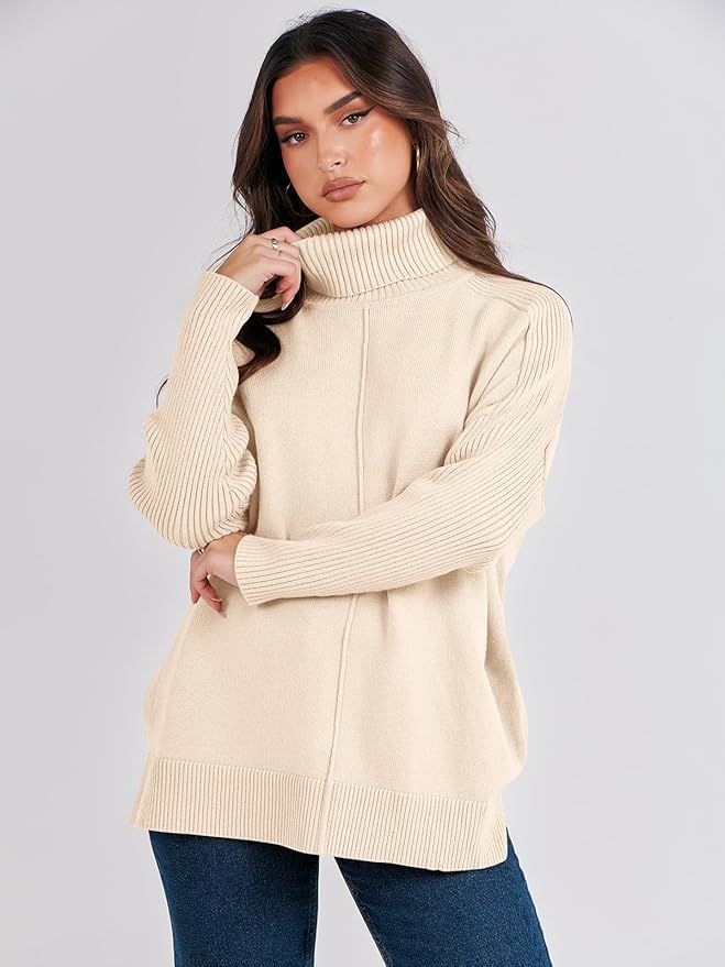 ANRABESS Women's Turtleneck Oversized Sweaters 2023 Fall Long Sleeve Knit Split Hem Tunic Pullove... | Amazon (US)