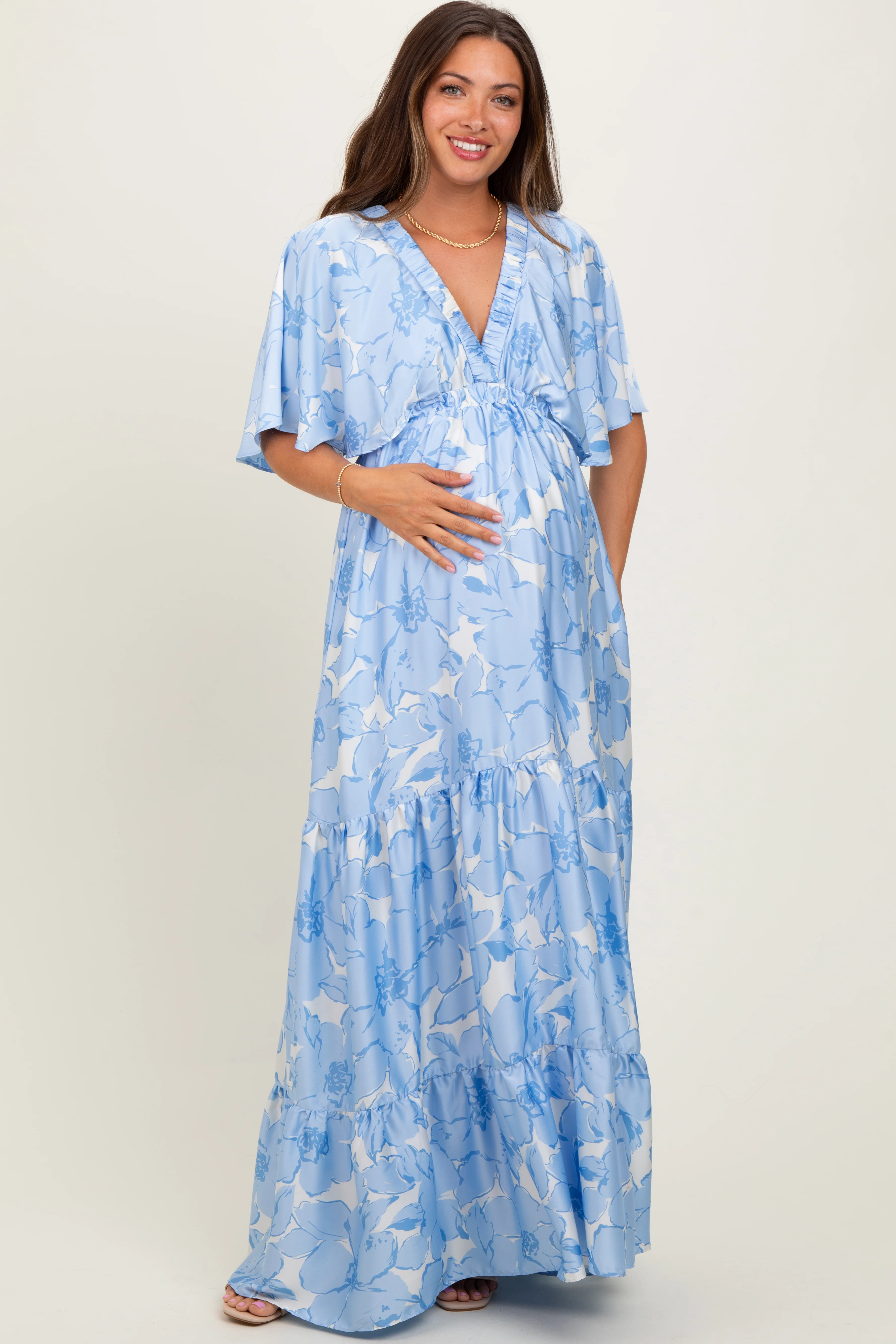 Light Blue Floral Short Sleeve Deep V-Neck Tiered Maternity Maxi Dress | PinkBlush Maternity