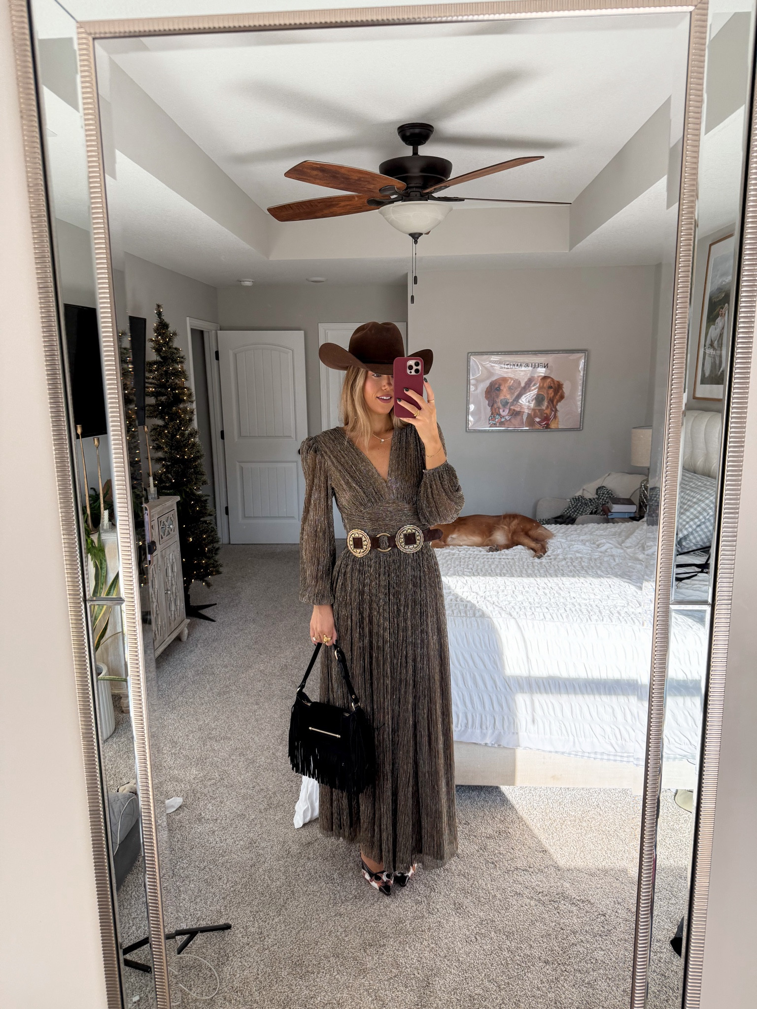 winter western wedding guest dress in a size 4- color is gold ✨belt in an XS cowboy hat is from Rods! shoes are true to size from amazon. linking exact and similar purse 

#LTKootd #LTKWedding #LTKHoliday