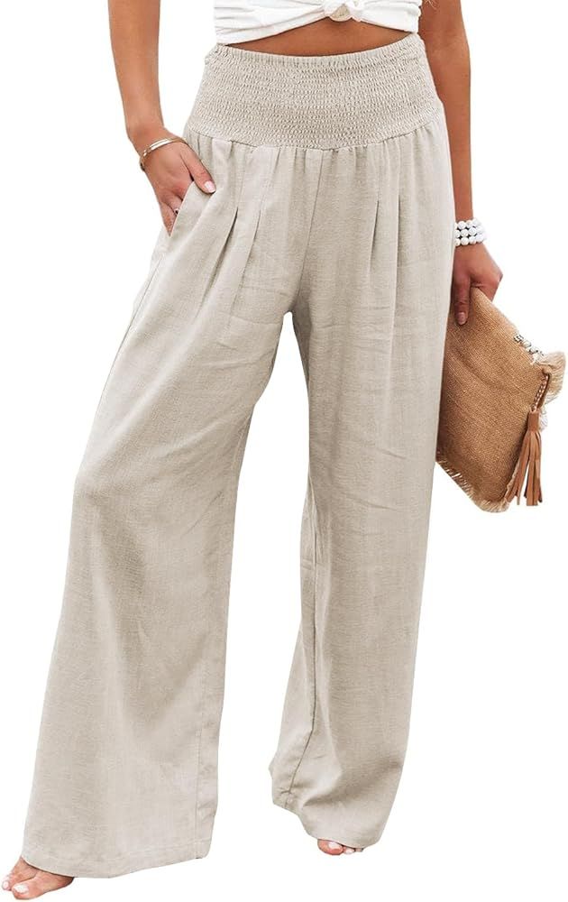 LILLUSORY Women's Linen Pants 2023 Fall High Waisted Wide Leg Palazzo Pants with Pockets | Amazon (US)