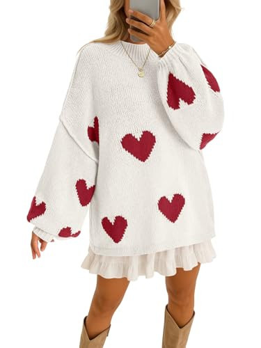 Saodimallsu Womens Oversized Heart Sweater Valentines Cute Mock Neck Chunky Knit Long Sleeve Tunic Sweaters White | Amazon (US)
