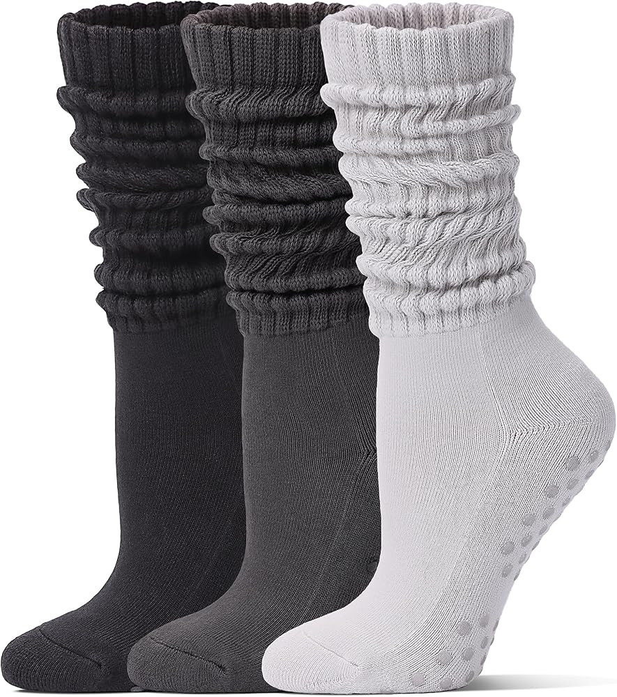Pilates Socks with Grips for Women Long Slouch Non-Slip Yoga Barre Cushioned Workout Scrunch Sock... | Amazon (US)