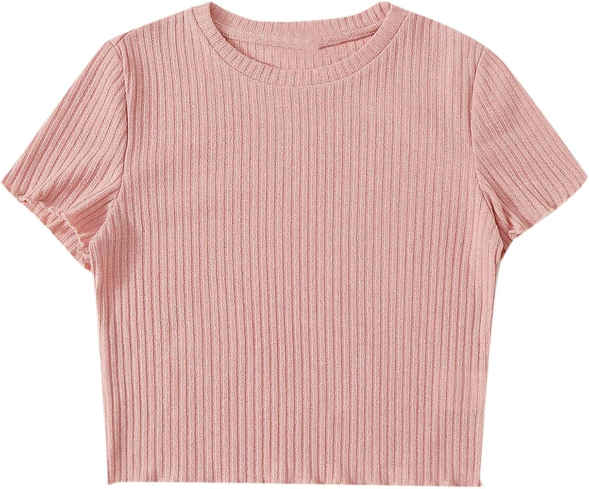 SweatyRocks Women's Solid Crew Neck Ribbed Knit Short Sleeve Crop Top T Shirts | Amazon (US)