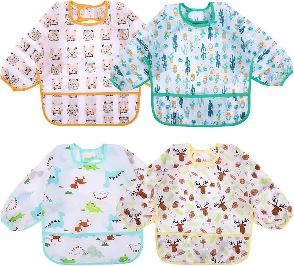 Accmor 4 Pack Long Sleeve Baby Bibs, Waterproof Sleeved Bib, Toddler Soft Bib for 6-24 Months | Amazon (US)