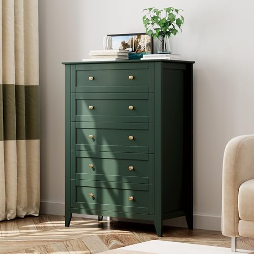 Garvee 5 Drawer Dresser for Bedroom, Modern Tall Chest of Drawers with Metal Knobs, Wooden Clothes Storage Organizer for Closet, Nursery, Living Room, Apartment, Green | Amazon (US)