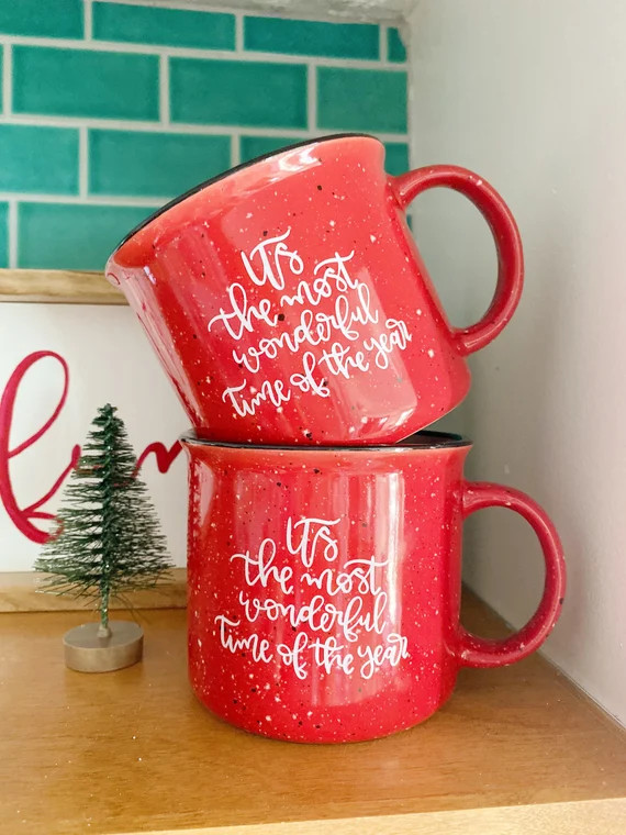 Red speckle campfire Christmas mug | It’s the most wonderful time of the year mug | Hand letter... | Etsy (US)