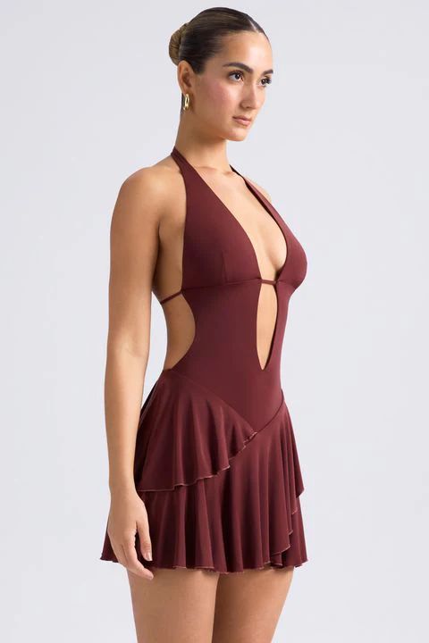 Ruffled Cut-Out Halterneck Mini Dress in Chestnut Brown | Oh Polly
