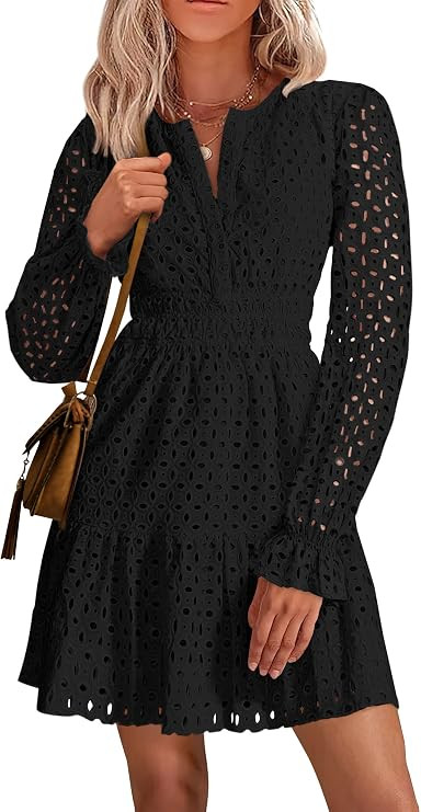 PRETTYGARDEN Women's 2025 Long Sleeve Mini Dress Eyelet V Neck A Line Casual Elegant Holiday Wedd... | Amazon (US)