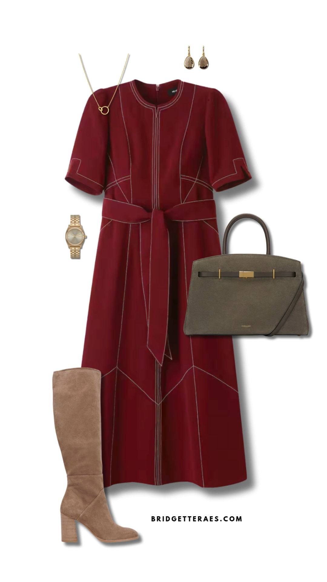 Structured and powerful, this rich burgundy dress commands attention with its architectural seam detailing and belted waist that defines the silhouette with polish and intention. Its short sleeves and soft structure balance strength with approachability, making it perfect for women in leadership who want to show up confidently without sacrificing warmth or femininity. Finished with knee-high taupe boots, an olive structured handbag, and refined gold jewelry, this look is an elegant fusion of boldness and ease—ready for presentations, negotiations, or leading the room with quiet authority.

#LTKStyleTip #LTKWorkwear #LTKShoeCrush