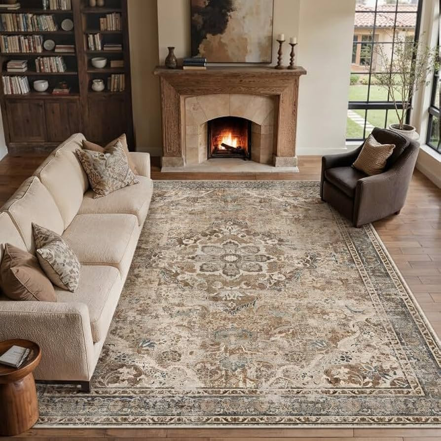 PureCozy Brown Vintage 8x10 Area Rug for Living Room Machine Washable Large Rug Non-Slip Soft Low... | Amazon (US)
