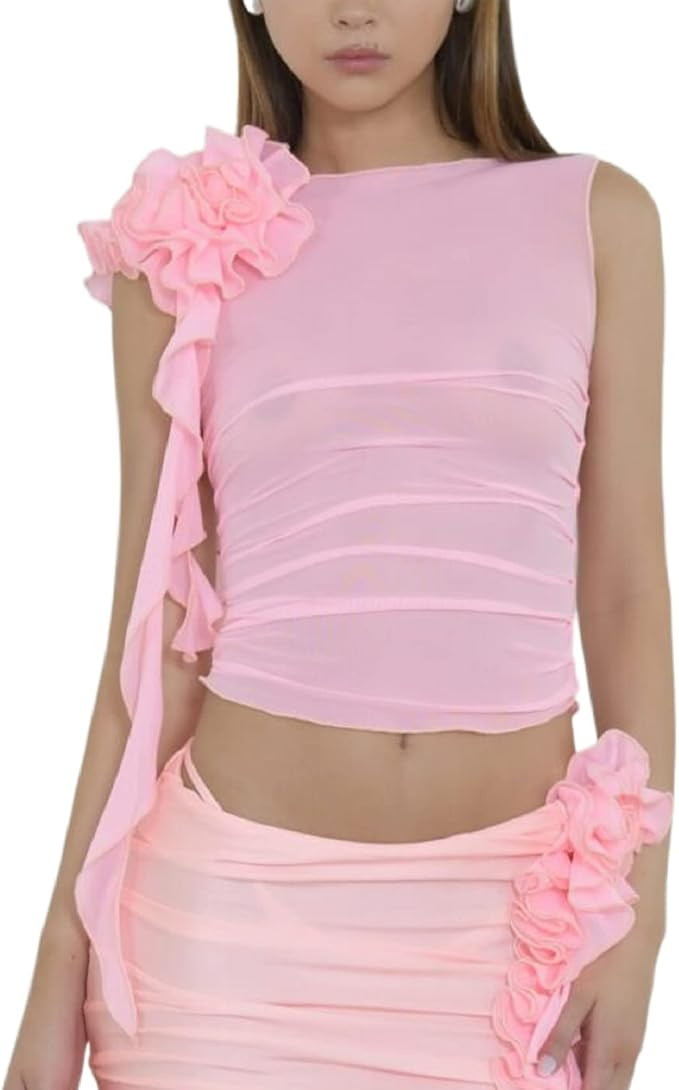 Women 3D Flower Sheer Mesh Tanks Ruffles Tassel See Through Crop Tops Sleeveless Spaghetti Stra... | Amazon (US)