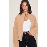 Petite Deep Tan Faux Suede Racer Neck Jacket | PrettyLittleThing US