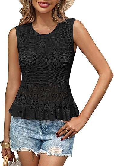 Saodimallsu Womens Crochet Crop Tank Tops Sleeveless Crew Neck Ruffle Summer Boho Knit Sweater Ve... | Amazon (US)