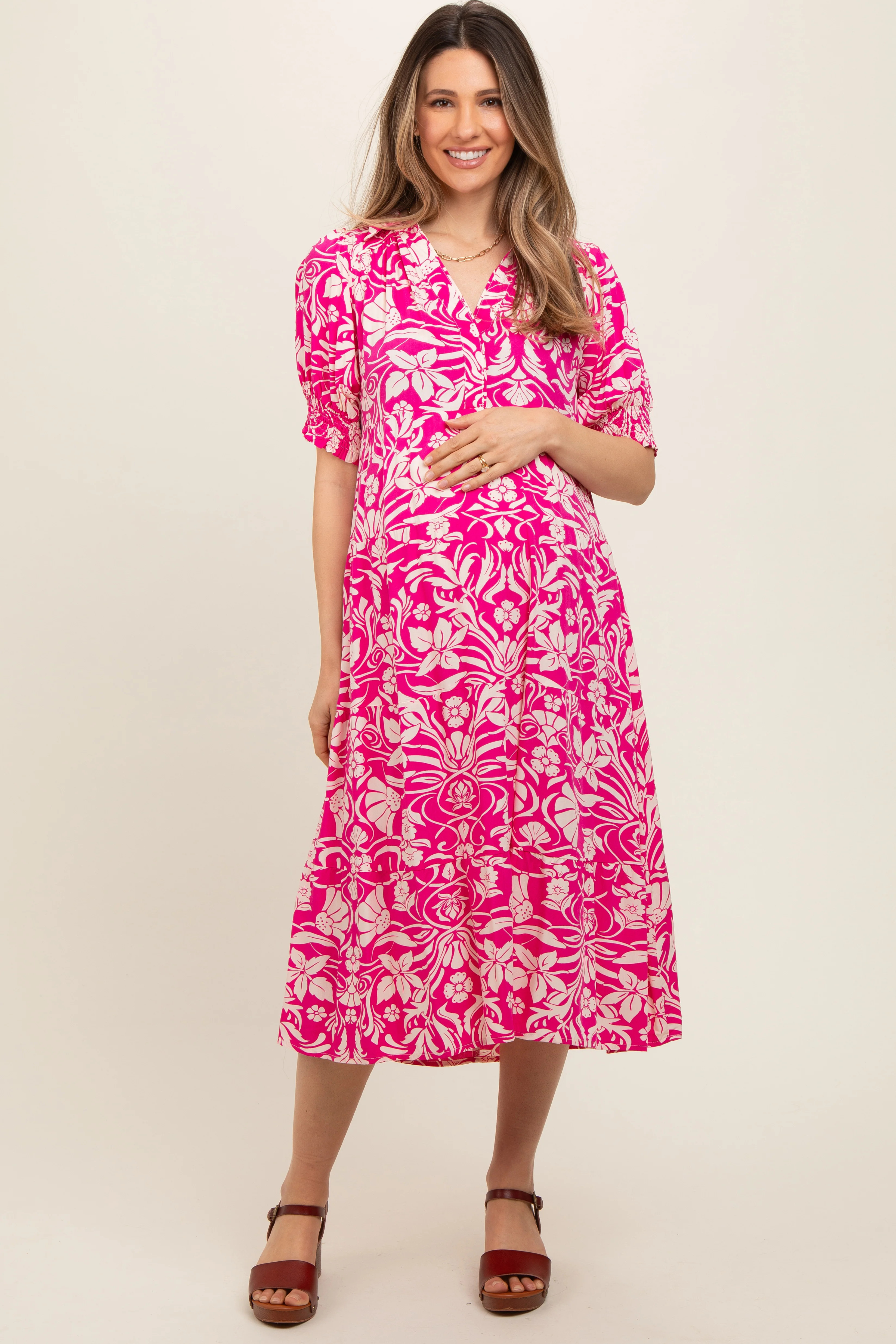 Fuchsia Floral V-Neck Tiered Maternity Midi Dress | PinkBlush Maternity