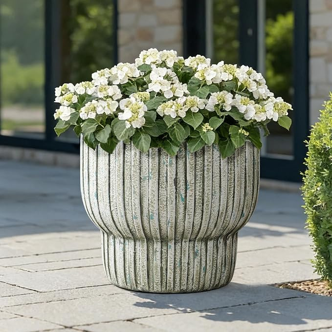 LuxenHome 16" Dia Cement Large Round Planters, Distressed Green and White Indoor Outdoor Plant Po... | Amazon (US)