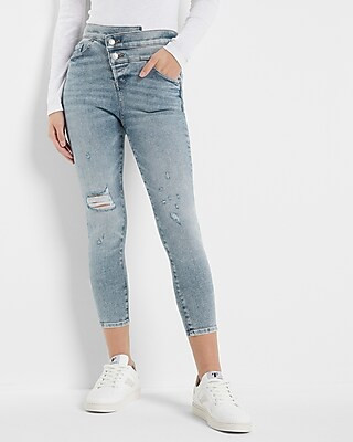 High Waisted Light Wash Crossover Waistband Ripped Cropped Skinny Jeans | Express