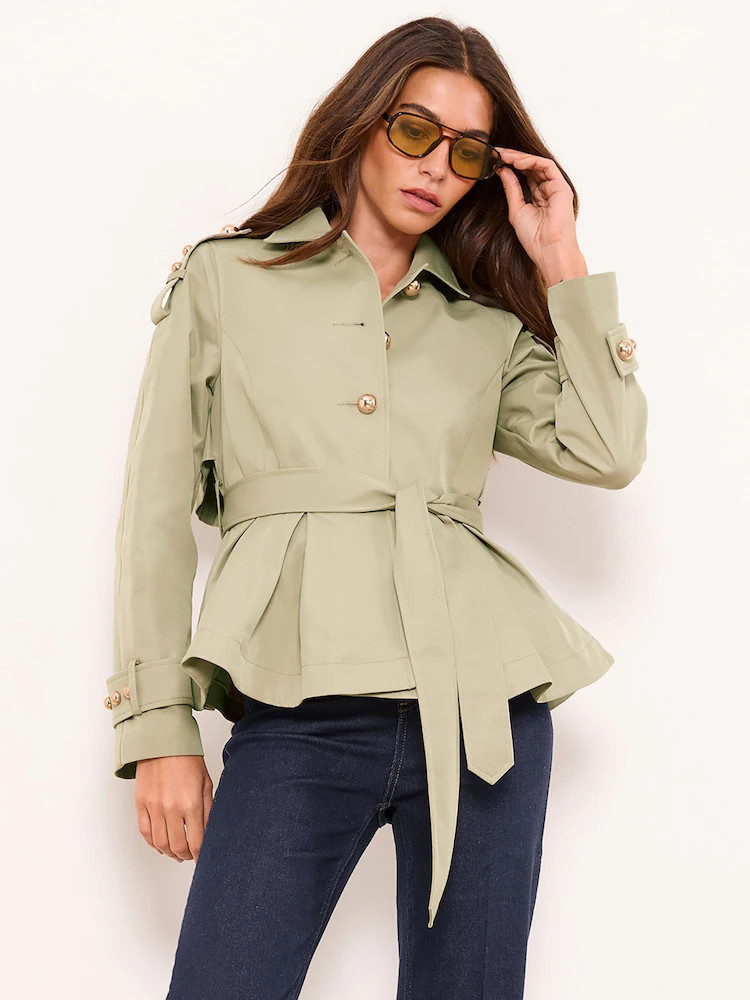 Lipsy Olive Green Pleated Peplum Hem Trench Coat | Next US